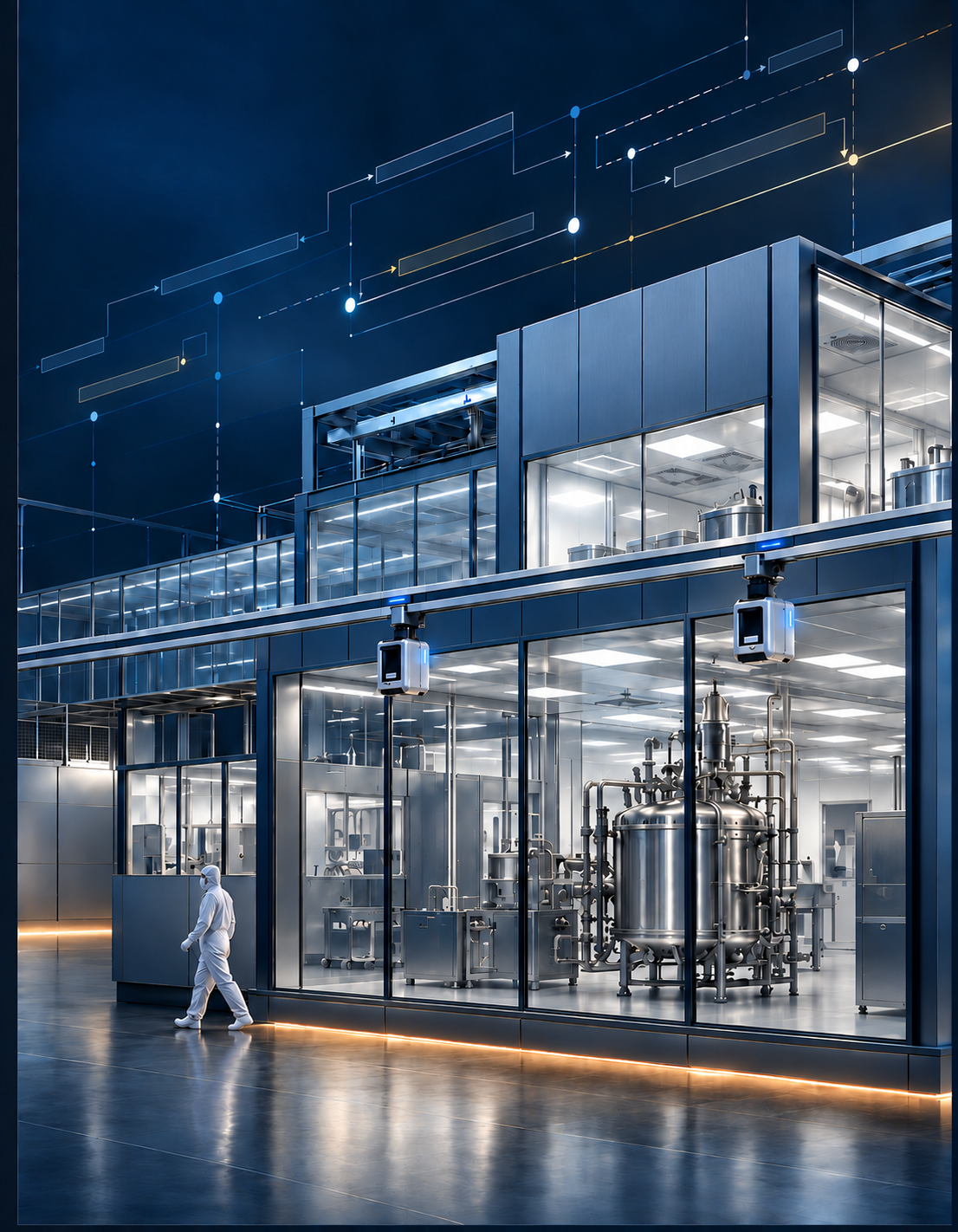 Conceptual pharmaceutical cleanroom facility with overhead semiconductor transport vehicles, a gowned worker, and subtle project schedule connections