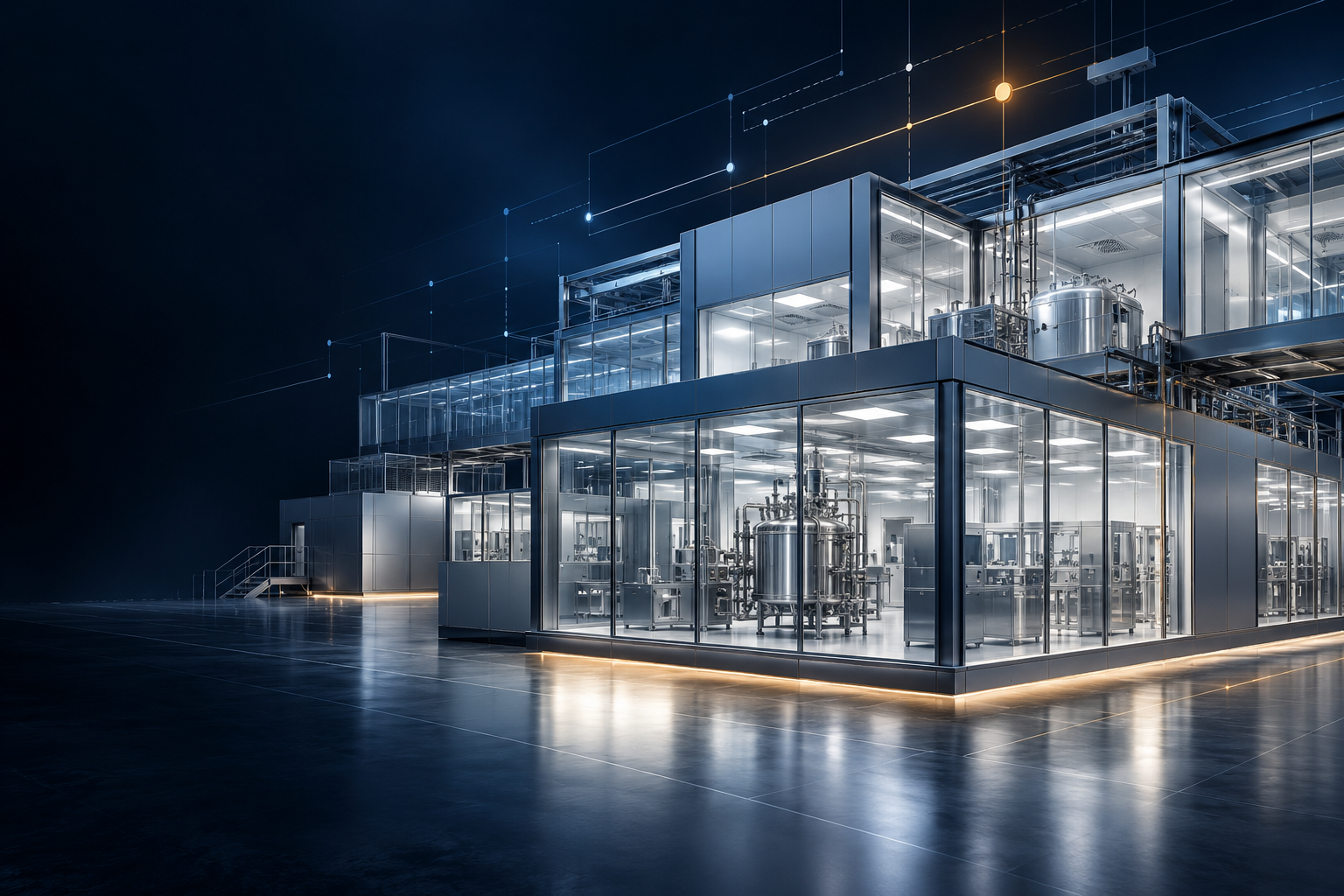 Instalação modular conceitual de ciências da vida conectada por uma rede de informações de projetos